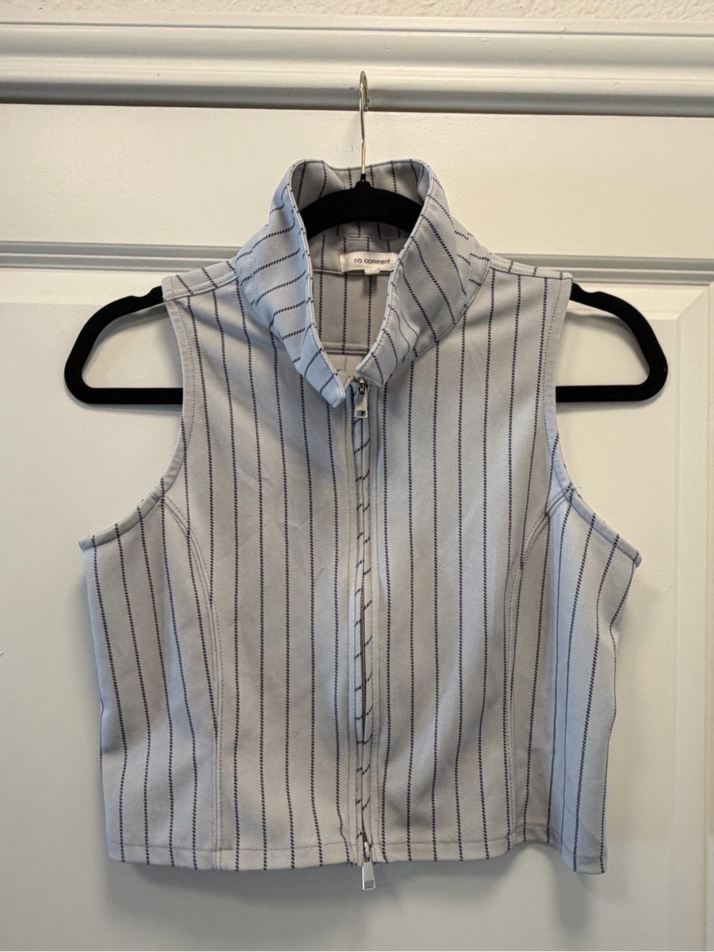 Striped Sleeveless Zip-Front Tank Top in Light Gray by
